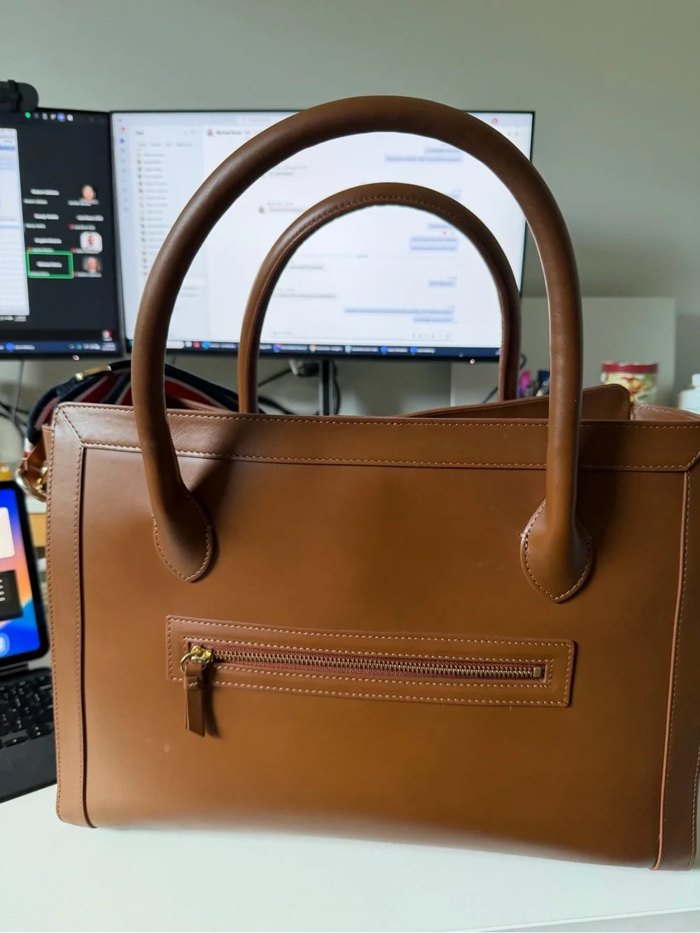 Mark & Graham Brown Leather Laptop Tote with Red, White & Blue Striped Strap